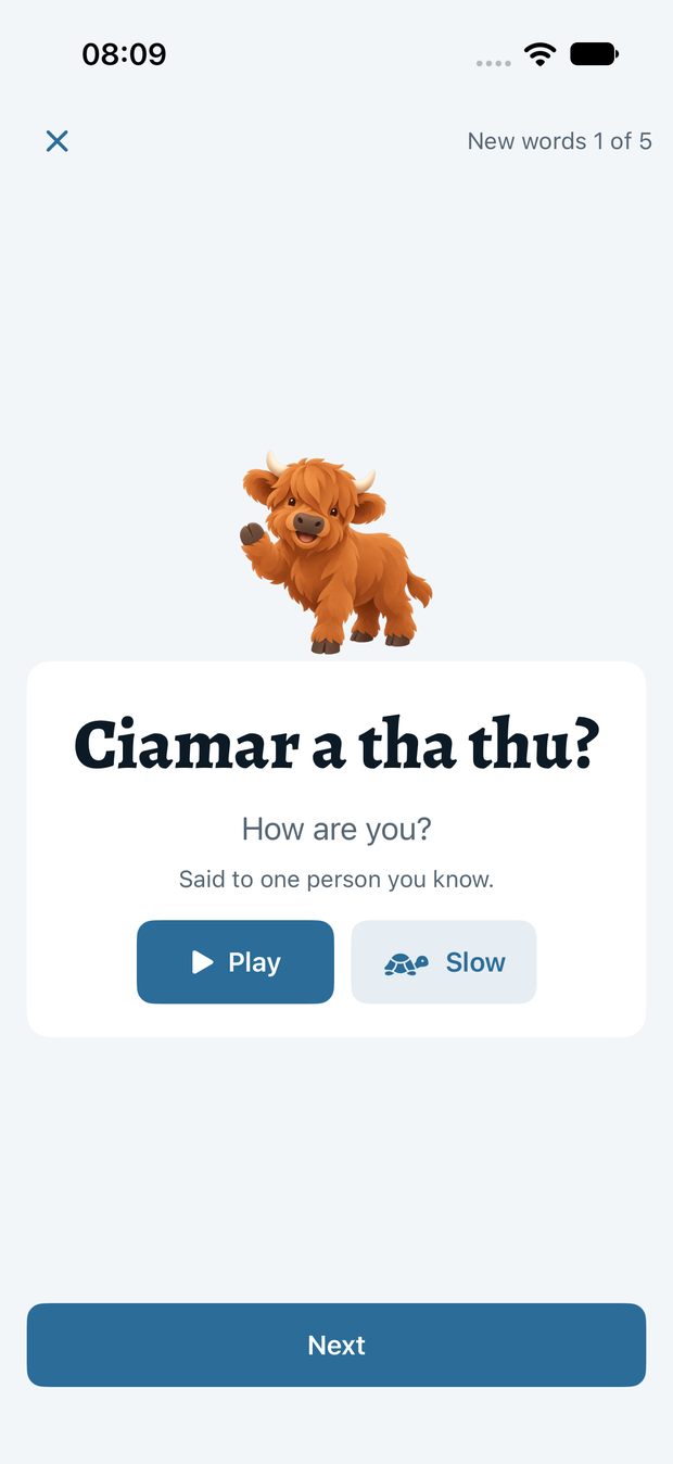 A new word with Play and Slow buttons